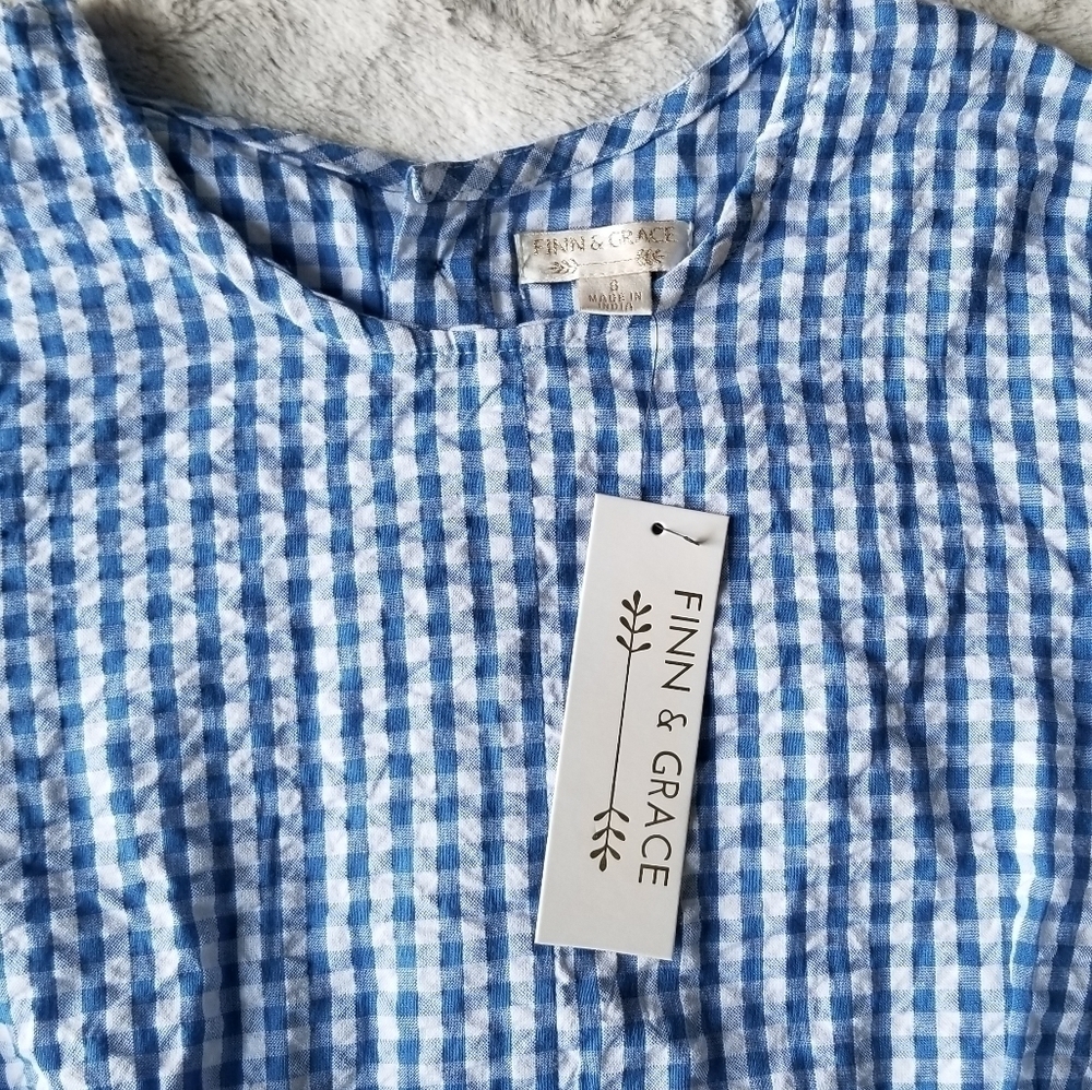 Finn & Grace Blue White Picnic Pattern Tie Front S - Picture 4 of 9